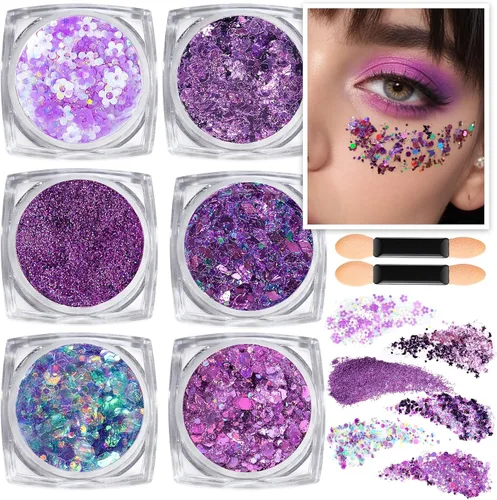Miniatura 10 de Teenitor Purpurina para Cara y Cuerpo - Azul, Gel de Purpurina para Cabello, 6 Formas Purpurina de Maquillaje Festival para Cara, Cabello y Cuerpo