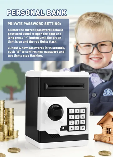 Miniatura 5 de Playsheek alcancía para niñas y niños, gran alcancía electrónica de monedas con protección por contraseña, caja de ahorro con desplazamiento