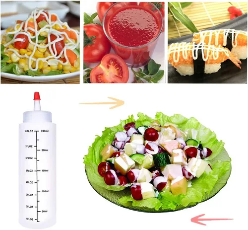 Miniatura 7 de Baaxxango Paquete de 12 botellas de plástico de 8 onzas líquidas, botella de chorro con tapa de punta roja y escamas negras para salsa de tomate