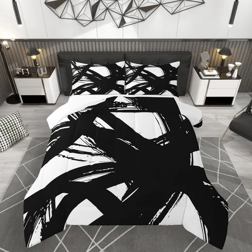 Miniatura 24 de jejeloiu Juego de edredón geométrico para niños, tamaño individual, diseño de rayas de color negro, blanco y gris, juego de ropa de cama decorativo