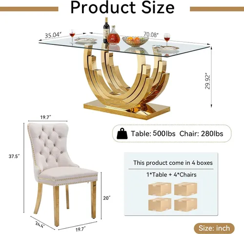 Miniatura 4 de Juego de mesa de comedor de cristal dorado moderno de 70 pulgadas para 4, juego de mesa de comedor rectangular de 5 piezas con tres patas de acero