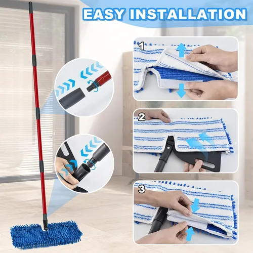 Miniatura 6 de Trapeadores de microfibra para limpieza de pisos, trapeador plano con 3 almohadillas reutilizables y mango extensible de 58 pulgadas de largo