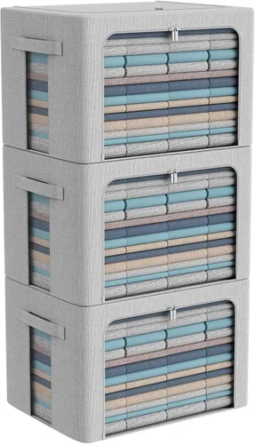 Miniatura 22 de CYhom Paquete de 3 contenedores plegables de almacenamiento - Caja de almacenamiento con marco de tela de lino apilable para ropa con ventana