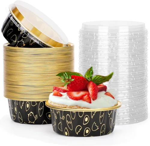Miniatura 71 de Beasea Ramequines con tapas, 8oz 50 unidades de tazas de aluminio desechables para hornear, tazas de papel de aluminio plateado para creme brulee