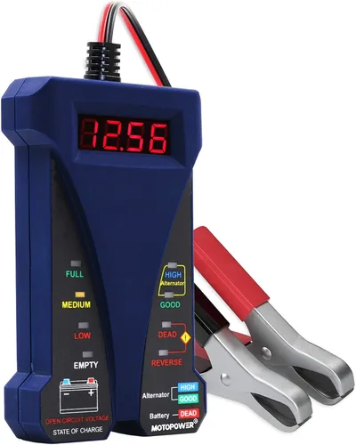 MOTOPOWER MP0514B - Voltímetro digital de batería de 12 V y analizador de sistema de carga con pantalla LCD e indicación LED, pintura de caucho azul