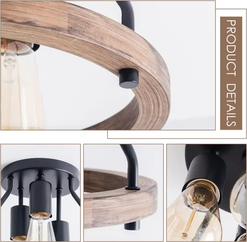 Miniatura 2 de Lámpara de techo de montaje empotrado rústica con pantalla circular de madera de roble blanco Mini lámparas semi empotradas de granja para pasillo