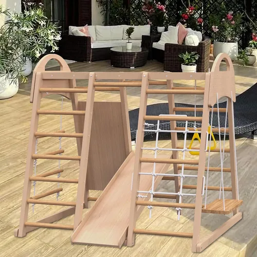 Juego de gimnasio 7 en 1 para interiores, escalador Montessori con tobogán, pared de escalada, escalador de pared de cuerda, barras de mono,