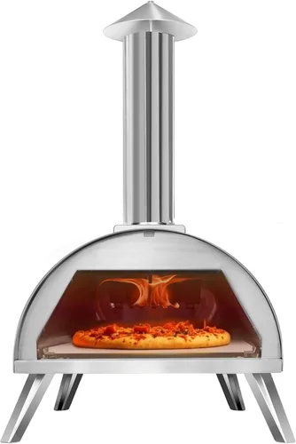 Horno de pizza de pellets de madera de 12 pulgadas – Máquina portátil de pizza de acero inoxidable para exteriores con termómetro integrado, patas
