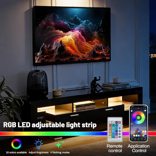 Miniatura 3 de Nrizc Soporte de TV LED negro para TV de 75 pulgadas, centro de entretenimiento de TV de alto brillo con cajón de almacenamiento, mesa consola de TV