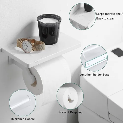 Miniatura 4 de Hoimpro Soporte de papel higiénico de aluminio blanco con estante de mármol natural blanco, soporte de almacenamiento de rollo de papel de seda