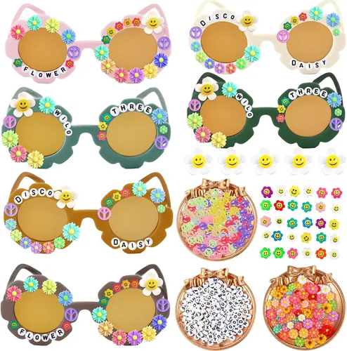 Gafas de sol redondas de flores para niños, lindo juego de lentes de sol de flores, cuentas de letras, margaritas, carita sonriente, flor y signo de