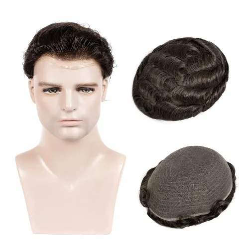 Miniatura 9 de Amiable Toupee para hombres, cabello humano, encaje francés, sistemas de reemplazo de cabello para hombre, suave blanqueado, frontal, aspecto #1