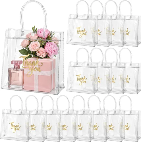 Miniatura 9 de Leinuosen - 50 bolsas de regalo transparentes con asas de 5.9 x 5.1 x 2.76 pulgadas, bolsas de agradecimiento de PVC transparente, suministros