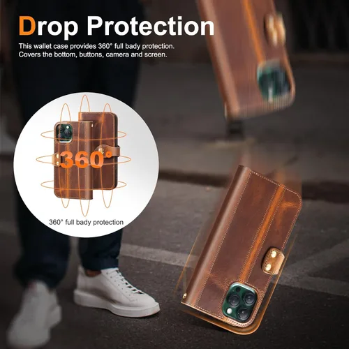 Miniatura 6 de Funda de cuero compatible con iPhone 16 Pro Wallet de 6.3 pulgadas, protección completa de piel auténtica a prueba de golpes, funda abatible