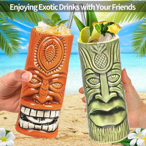 Miniatura 4 de SuproBarware Tiki - Juego de 2 tazas de cóctel hawaianas grandes con pajitas y posavasos, lindos vasos de cóctel exóticos para fiesta Tiki Bar