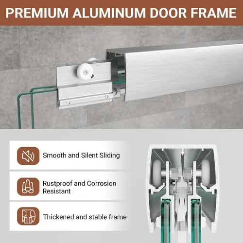 Miniatura 4 de Puerta de regadera doble corrediza 56"-60" (ancho) x 72" (alto), puerta de vidrio para baño de 1/4" (6mm) de vidrio templado transparente