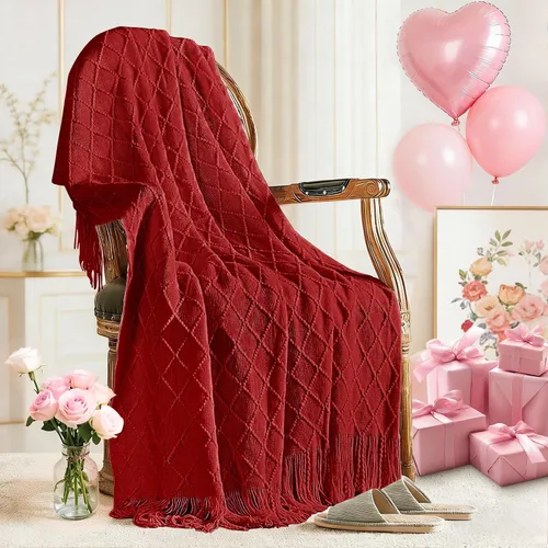 Miniatura 23 de inhand Mantas de punto para sofá y cama, manta de punto suave y acogedora con borlas, mantas decorativas ligeras y mantas decorativas de granja