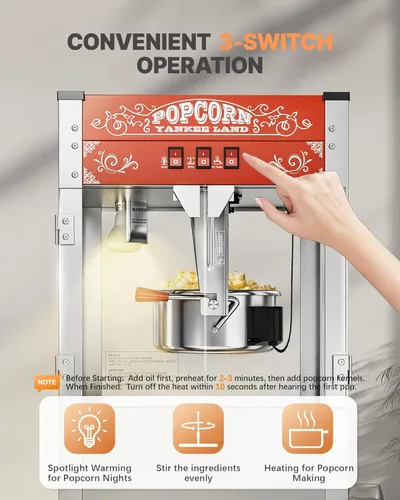 Miniatura 3 de Máquina comercial de palomitas de maíz de 16 onzas, 1440 W, máquina de palomitas de maíz de cine, máquina de palomitas de maíz de mesa roja con Rojo