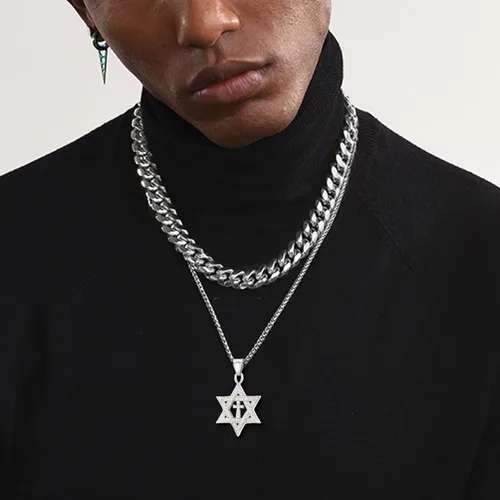 Miniatura 158 de U7 - Collar con Estrella de David para hombres y mujeres, dije hexagonal de acero inoxidable con cruz/piedra de rubí/collares clásicos judíos