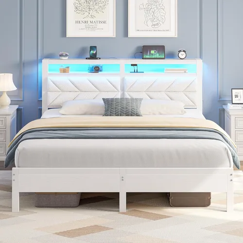Miniatura 15 de Seventable Base de cama tamaño Queen con estación de carga, cama LED con cabecera de almacenamiento tapizada, cama de plataforma de metal con Gris