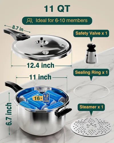 Miniatura 5 de WantJoin Olla a presión de acero inoxidable (sin aluminio), olla a presión compatible con inducción de 11 cuartos con dispositivos de seguridad