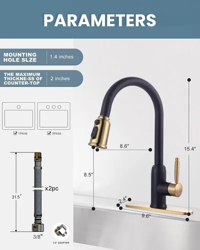 Miniatura 5 de Grifo de cocina de oro negro con rociador: WOWOW Grifo de fregadero de cocina de acero inoxidable 304 para 1 o 3 agujeros, llave mezcladora de arco