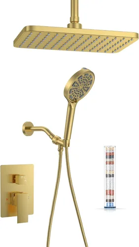 11" Brushed Gold Rainfall Shower System – Complete Spa Faucet Set with Filtered Handheld Sprayer & Mixer Valve – Modern High Pressure Bathroom
