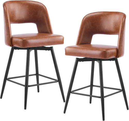 Miniatura 10 de Juego de 2 taburetes de bar modernos, taburetes de bar giratorios de poliuretano con respaldo abierto y patas de metal, sillas de bar tapizadas