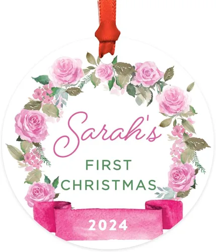 Miniatura 18 de Andaz Press Adorno de Navidad de madera grabado con láser para aniversario de boda, 1 año juntos, Navidad 2025, pancarta de flores rosas, 1 paquete
