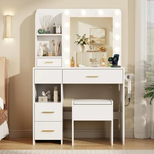 Escritorio de Tocador con Espejo y Luces, Escritorio de Maquillaje con 3 Iluminaciones Ajustables, 3 Estantes de Almacenamiento, 5 Cajones Grandes y