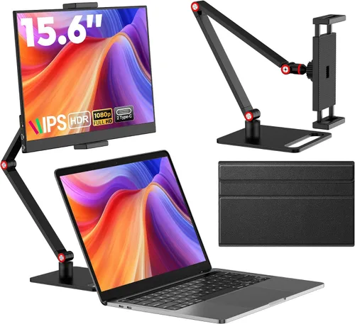 Miniatura 11 de Monitor portátil de 15.6 pulgadas con soporte ajustable, extensor de pantalla FHD IPS de 1080P, soporte para laptop y cubierta inteligente