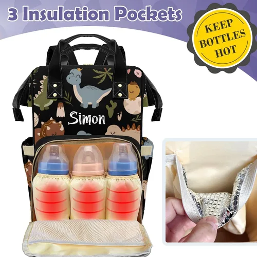 Miniatura 2 de Linda bolsa de pañales personalizada de dinosaurio tropical de gran capacidad para bebé, niño y niña, impermeable, con nombre personalizado, mochila