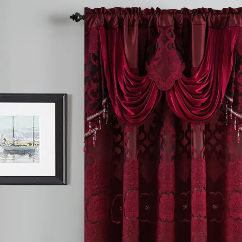Miniatura 2 de Petrichor Cortinas de gasa jacquard transparente borgoña (54 pulgadas de ancho x 63 pulgadas de largo), 2 paneles con cenefa adjunta, diseño floral