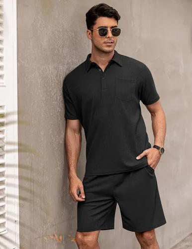 Miniatura 5 de COOFANDY Conjunto de camisa polo y pantalones cortos de punto gofre para hombre, conjunto de 2 piezas, traje de verano casual con bolsillos