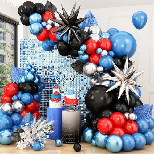 Arco de globos azul, rojo y negro, guirnalda de globos con globos de papel de aluminio, globos metálicos plateados para niños, baby shower, Azul