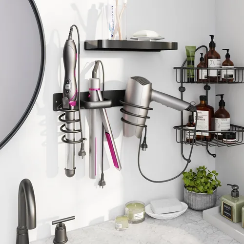 hicorfe Soporte para secador de pelo 3 en 1, organizador de herramientas para el cabello, soporte para secadora de pelo, montaje en pared, baño,