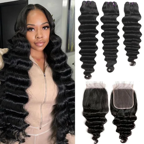 Miniatura 29 de Paquetes de cabello brasileño suelto de onda profunda con cierre, 3 paquetes y cierre de cabello humano de 10, 12, 14+10 pulgadas, 100% sin