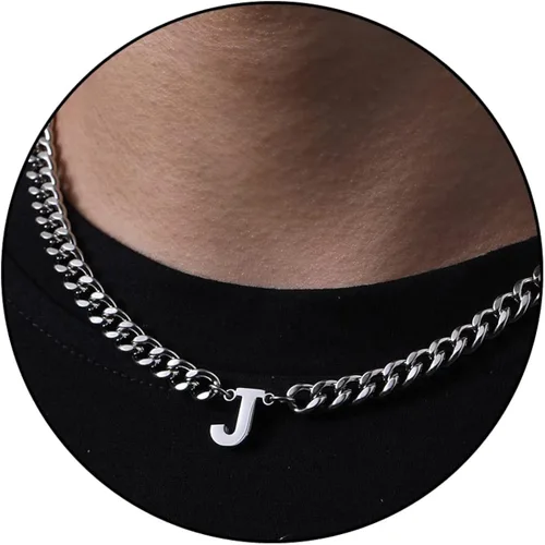 DuoDiner Collar de cadena de eslabones cubanos con inicial A-Z para niños, hombres y mujeres, colgante de letra, acero inoxidable, 0.256in, 18+2