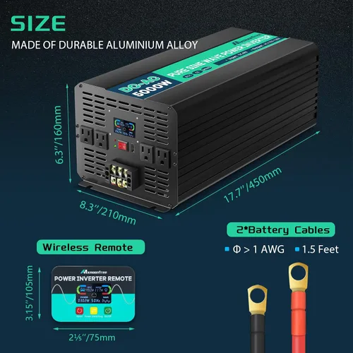 Miniatura 6 de 5000W 48V Inversor de Potencia de Onda Senoidal Pura 48V CC a 110V CA con Control Remoto Inalámbrico Pantalla LCD 4 Tomas de CA, 1 USB y Bloques