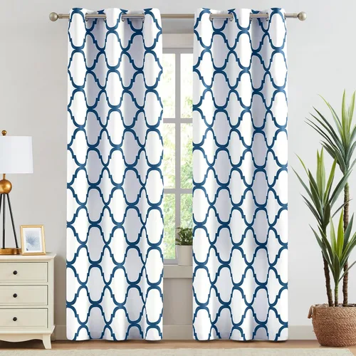 Miniatura 35 de Melodieux - Cortinas opacas estilo marroquí con aislamiento térmico y ojales para oscurecer sala de estar, 2 paneles. Blanco hueso/verde azulado