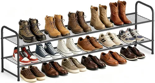 AOODA Zapatero largo de 2 niveles para armario, organizador de almacenamiento de zapatos apilable de metal para entrada, dormitorio, piso, 18 pares