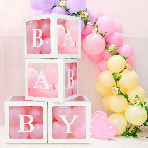 Miniatura 2 de Cajas para Baby Shower con Letras – Cajas Blancas con Globos Rosas y Blancos – Set de 44 Piezas para Revelación de Género y Decoración de Fiesta