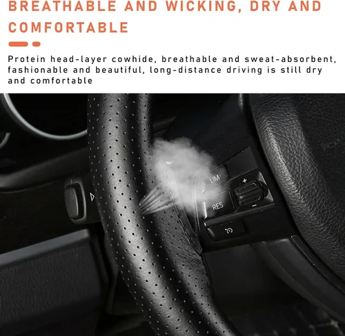 Miniatura 5 de Dickno Funda para volante de automóvil, protector de volante antideslizante con costura envolvente para diámetro máximo de 15 pulgadas, costura DIY