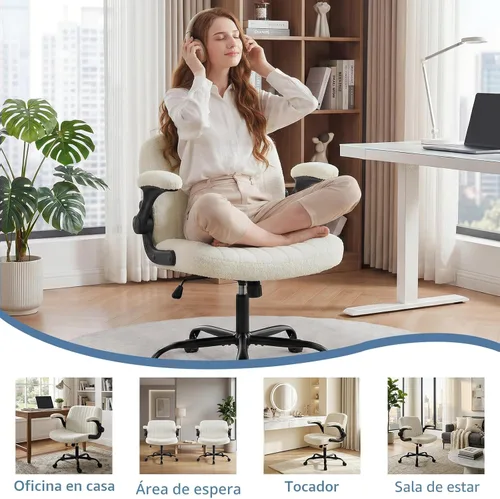 Miniatura 8 de DUMOS Silla de oficina cruzada con ruedas, silla de escritorio con patas cruzadas anchas, cómoda silla de tela abatible, sillas giratorias Beige