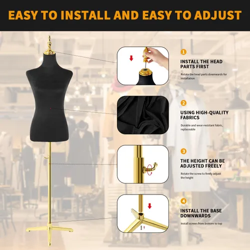 Miniatura 3 de Maniquí femenino cuerpo oro trípode soporte,Altura ajustable Maniqui para Ropa,Maniquí de forma de vestido
