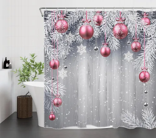 Miniatura 4 de LB Pink Christmas Shower Curtain Sets with Rugs Snowflake and Fir Twigs with Xmas Ball on Rustic Grey Wood Fabric Shower Curtain with Hooks Winter