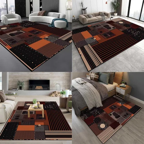 Miniatura 5 de Alfombra geométrica abstracta negra/marrón/naranja de 6x8 pies - Alfombra lavable multicolor moderna retro, alfombra antideslizante