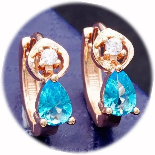 New Petite Rose Gold Plated Topaz Blue Teardrop CZ Huggie Hoop Earrings Elegant Cute Unique Stunning Pretty jewerly Perfect for Any Occasion