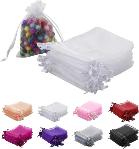 100 bolsas de organza blanca de 2 x 3 pulgadas, bolsas de regalo con cordón transparente, bolsas de joyería, bolsas de regalo de boda, fiesta de