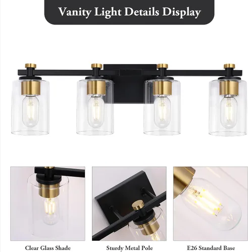 Miniatura 4 de Lámpara de Tocador de Baño de 3 Luces, Accesorios de Iluminación de Baño Negro con Pantalla de Globo de Vidrio Transparente, Aplique de Pared Negro
